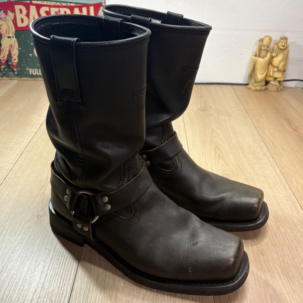 Ride Tecs Mens Black Leather Square Toe Harness Biker Boots 11 W Wide Moto 9143